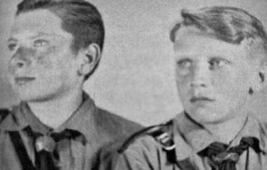 Black-and-white historical photograph of two young German boys in youth-style uniforms, connected to the testimony of Armin in Hitler’s Lost Boys