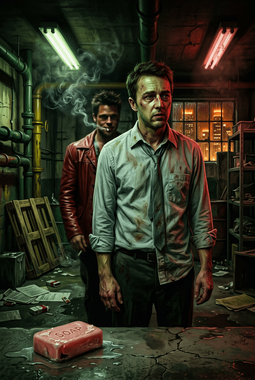 Firefly Cinematic neo-noir fan art inspired by a psychological cult thriller about split identity, depicting Tyler Durden, Marla Singer, and Project Mayhem characters from Fight Club ending explained