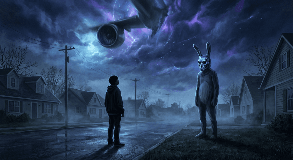Donnie Darko Ende erklärt – düstere Fanart mit Hasenfigur, Teenager-Silhouette, Flugzeugturbine und Zeitportal als Symbol für Donnies Opfer