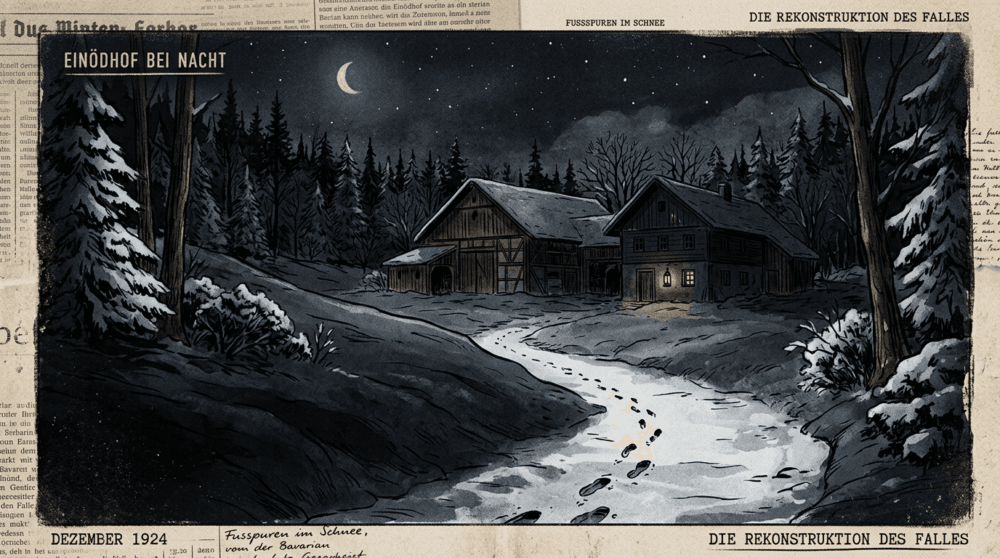 Illustration zu Hinterkaifeck Morde mit abgelegenem Bauernhof und Spuren im Schnee