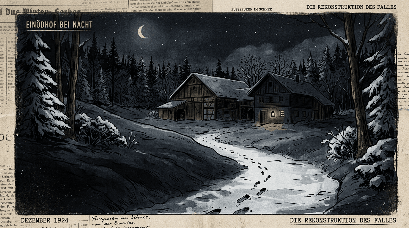 Illustration zum Fokus Keyword Hinterkaifeck Morde mit abgelegenem Bauernhof und Spuren im Schnee
