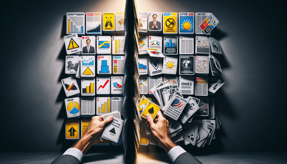 Card Stacking. Das Bild zeigt die Hände eines Kartenspielers mit vielen mysteriösen Spielkarten.