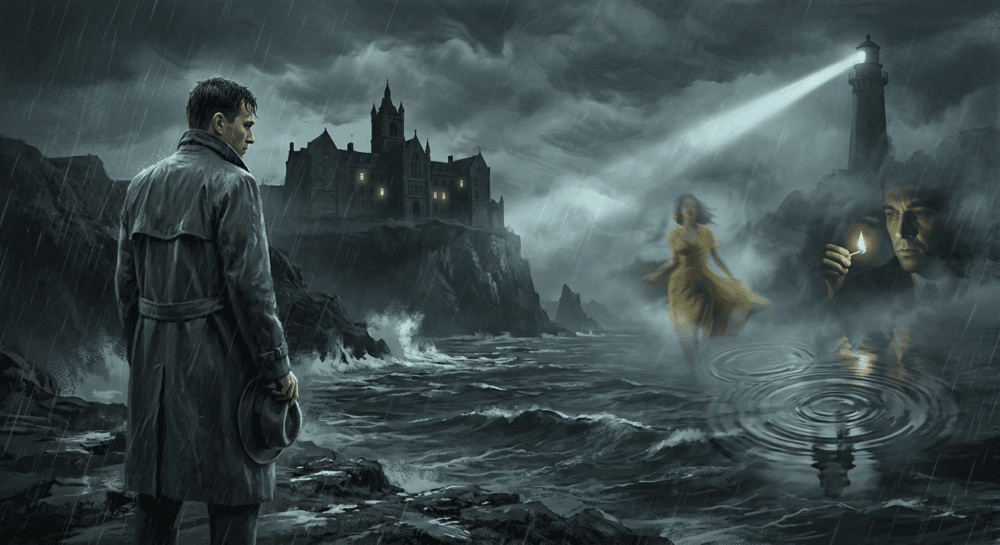 Shutter Island Ende erklärt – düstere Fanart mit Ermittler im Regen, Leuchtturm und Insel als Symbol für Teddys verdrängte Wahrheit