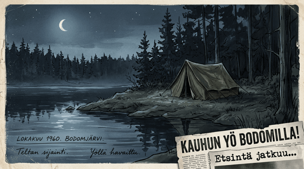 Illustration of the Lake Bodom murders case in Finland — a 1960 campsite mystery