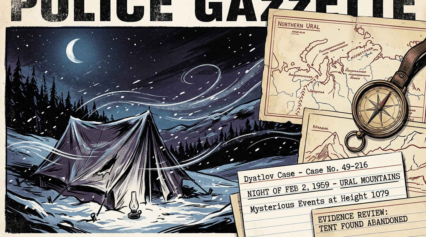 The Dyatlov Pass Incident: Nine Hikers, One Frozen Mystery 1 A remote snow-covered mountain slope in the northern Ural Mountains, evoking the Dyatlov Pass Incident