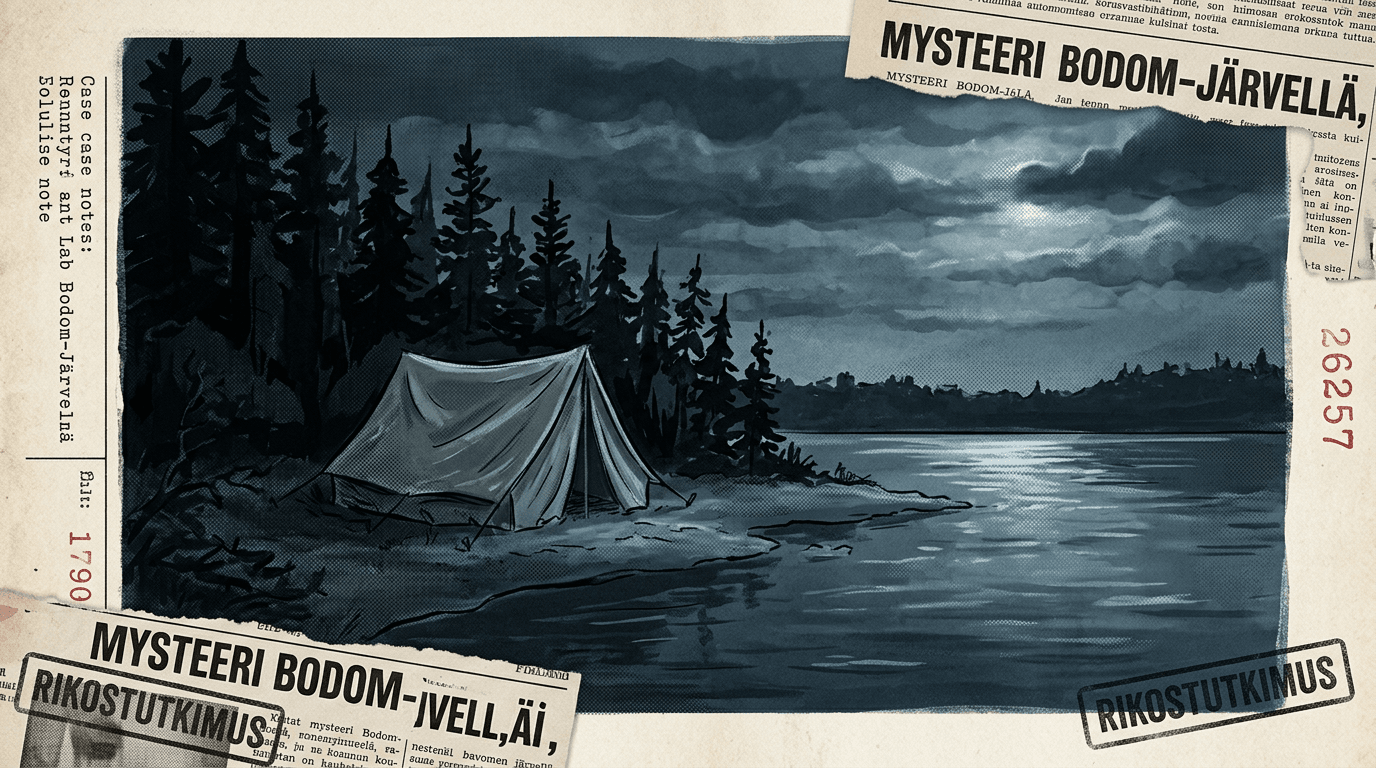 Editorial-Illustration zu den Bodom See Morden mit verlassenem Zelt am nächtlichen Seeufer in Finnland
