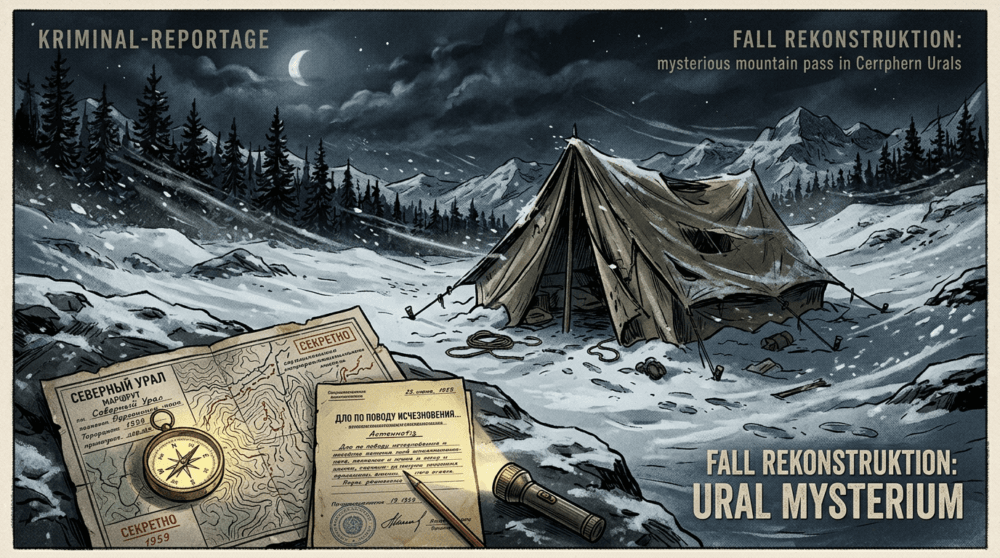 Illustration eines alten Kriminalmagazins zur Rekonstruktion des Djatlow Pass Unglücks im Ural Gebirge 1959