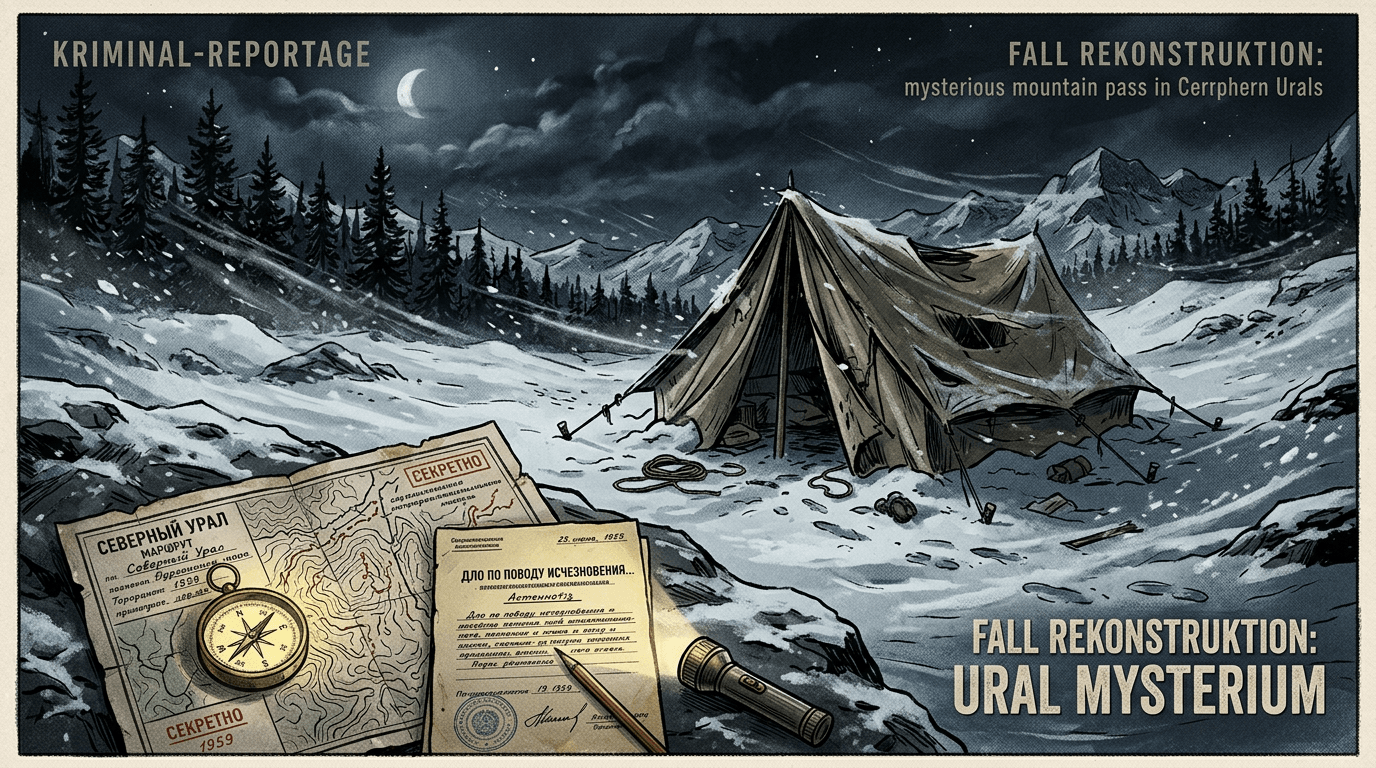 Editorial-Illustration zum Fokus Keyword Das Unglück am Djatlow Pass mit verlassenem Zelt im verschneiten Ural