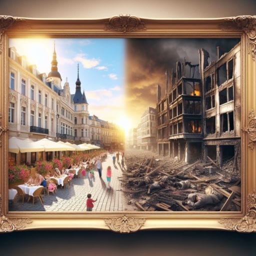 Framing erkennen. Das Bild zeigt einen Rahmen mit einer auf einer Seite blühendne, auf der anderen Seite zerstörten Stadt.