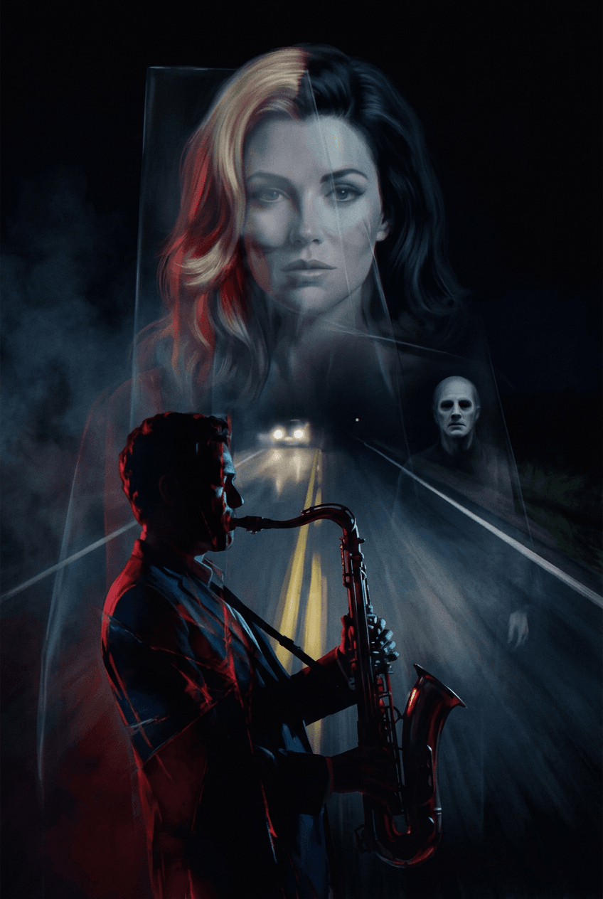 Lost Highway ending explained - surreal neo-noir fan art inspired by a psychological mystery film about identity switch and meaning