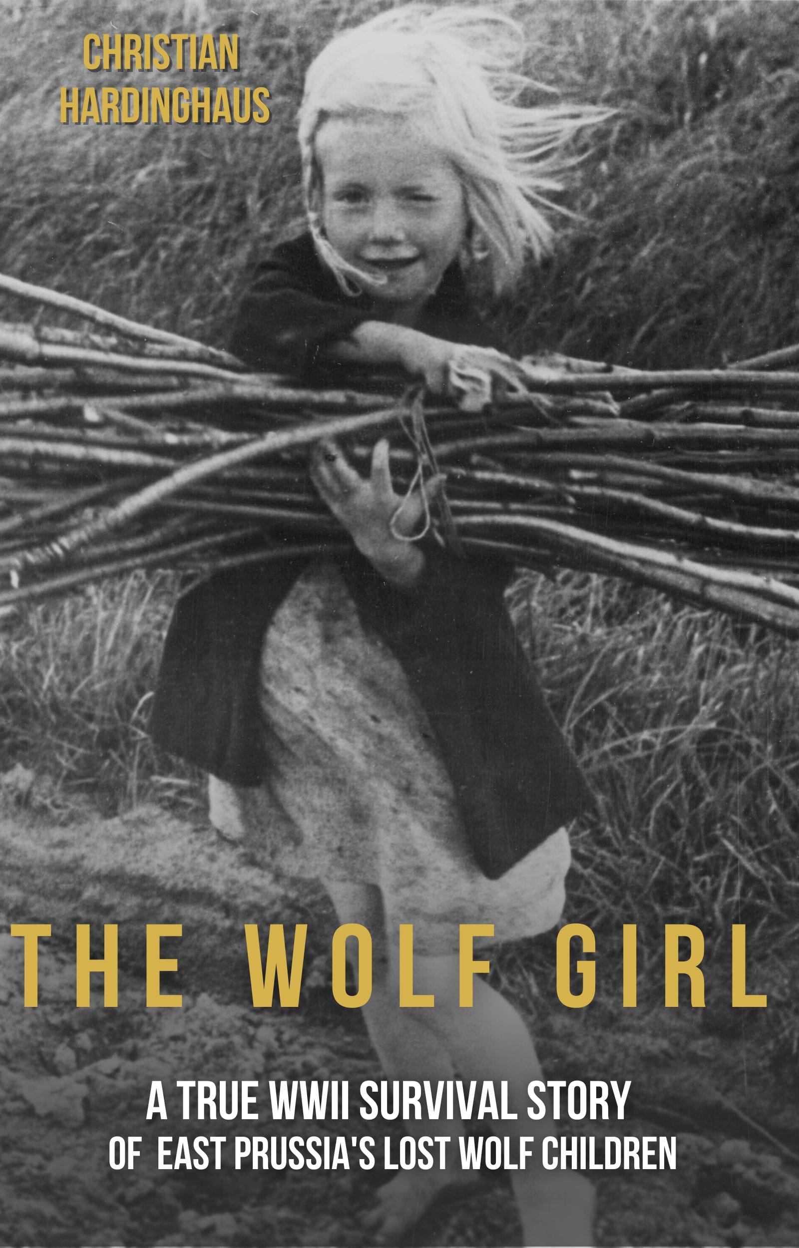 Book Cover The Wolf Girl. Yous see three wolf children in a snowy Lithuanian forest