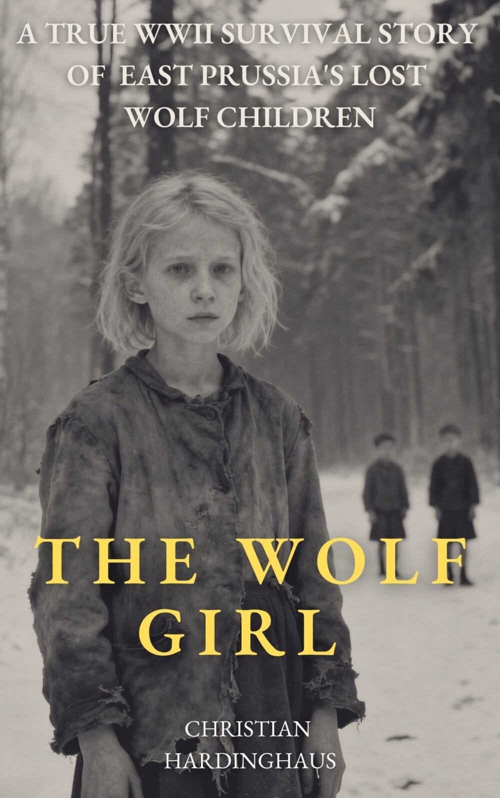 Book Cover The Wolf Girl. Yous see three wolf children in a snowy Lithuanian forest