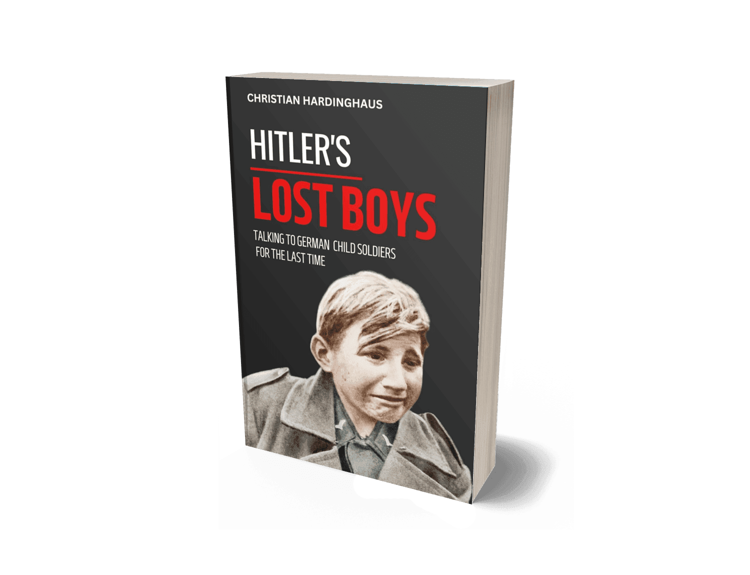 Hitler’s Lost Boys by Christian Hardinghaus — 3D book mockup of a WWII oral history about Hitler Youth soldiers and German child soldiers