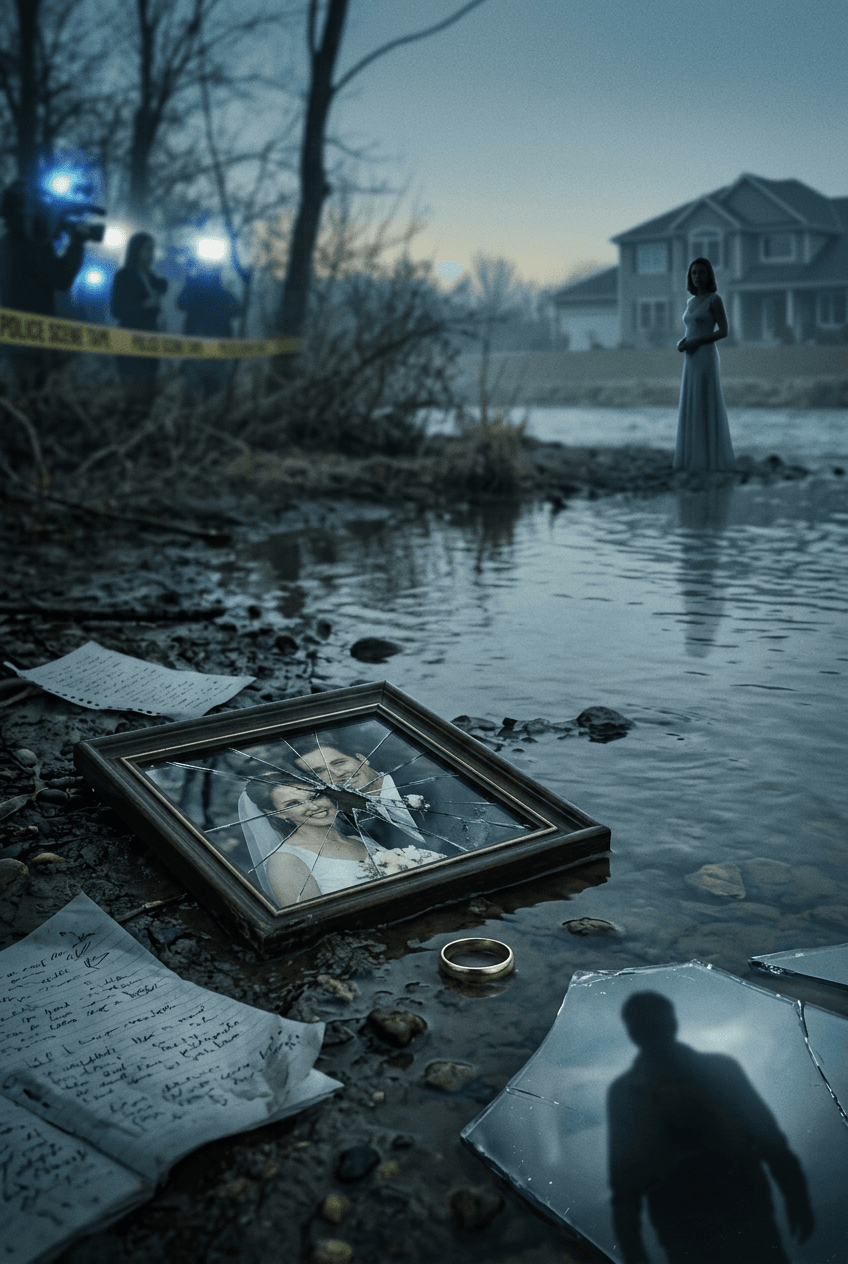 Gone Girl Ende erklärt – düstere Fanart mit verschwundener Frau, Ehering, Medienlichtern und zerbrochenem Porträt als Symbol für Amy Dunnes Plan