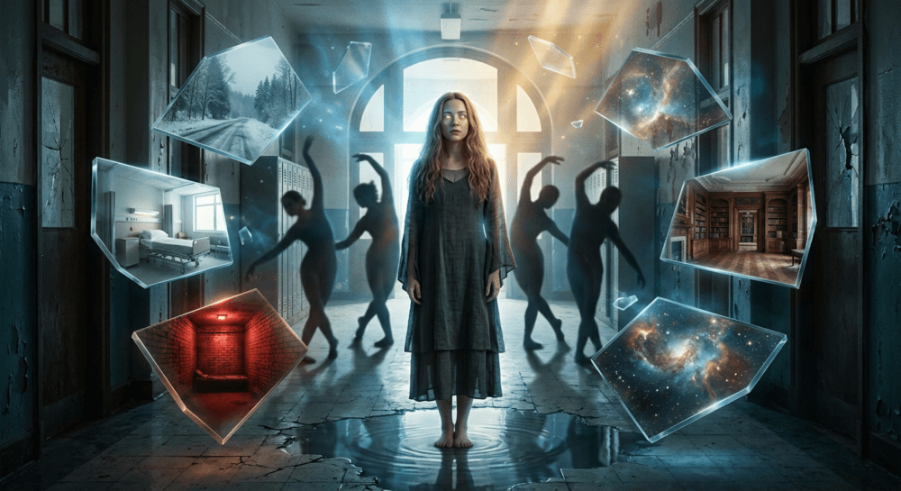 The OA Ende erklärt – surreale Fanart mit blinder Frau, Glasdimensionen, Engelssymbolik und Schulhaus als Zeichen für Prairies Reise