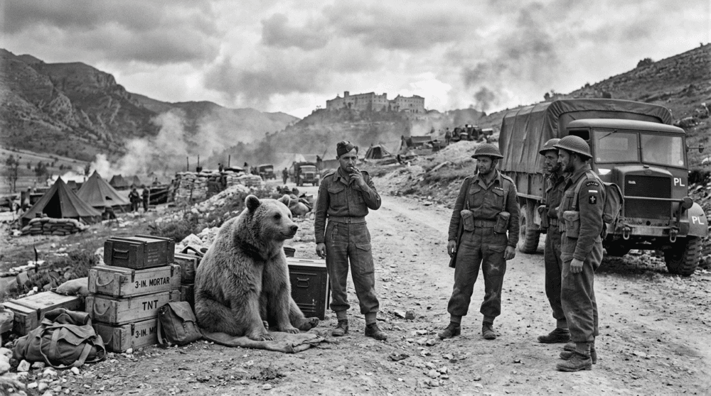 Wojtek der Bär mit polnischen Soldaten bei Monte Cassino im Zweiten Weltkrieg
