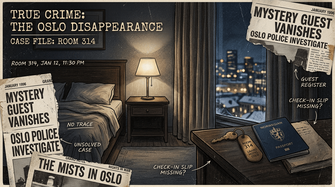 Jennifer Fergate: The Unidentified Woman in Oslo Plaza Room 2805 1 Firefly Hochwertige Editorial Illustration im Stil einer alten Kriminalmagazin Fallrekonstruk 126921 4