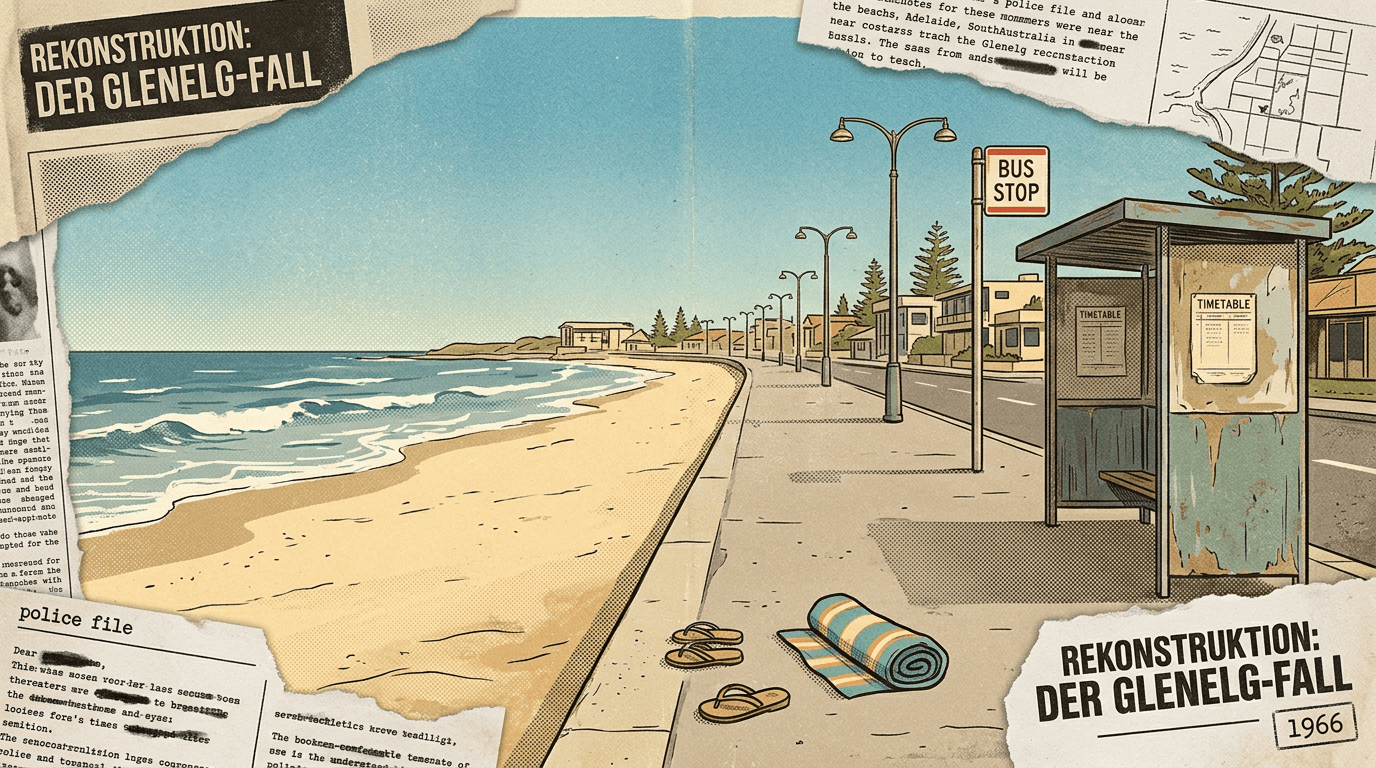 Editorial-Illustration zum Fokus Keyword Die Beaumont Kinder mit leerer Strandpromenade am Glenelg Beach in Australien