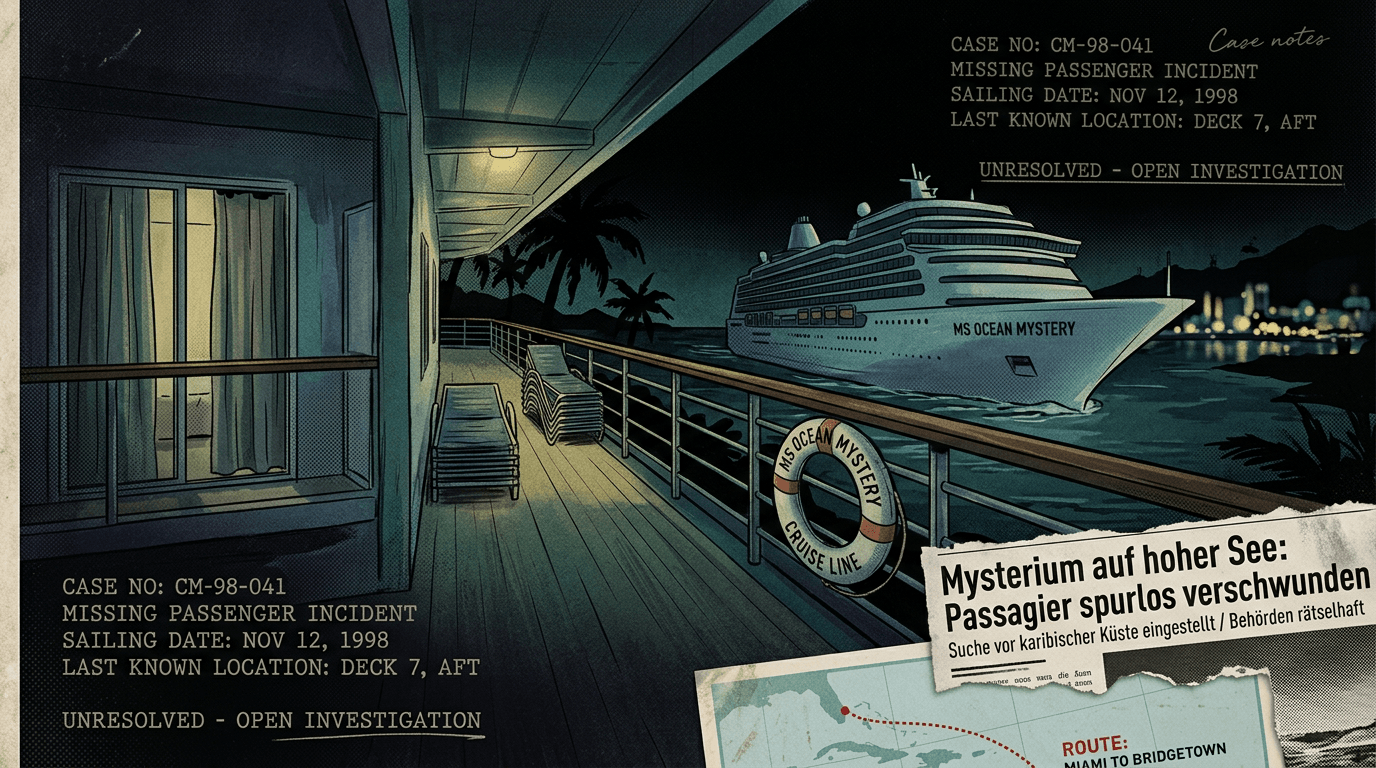Editorial-Illustration zum Fokus Keyword Amy Lynn Bradley mit nächtlichem Kreuzfahrtschiff und leerer Reling in der Karibik