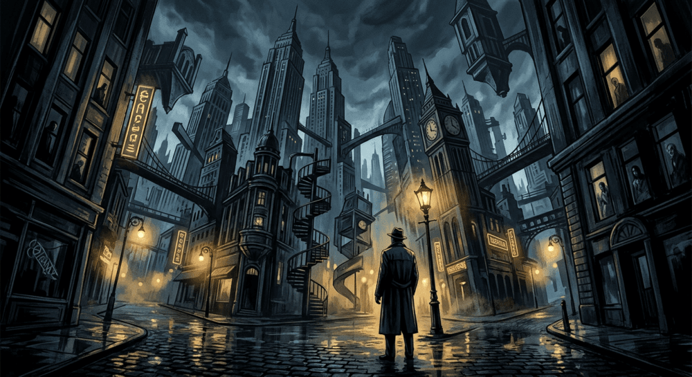 Dark City explained - Neo-noir science fiction fan art inspired by Alex Proyas movie- a vast impossible cityscape with mysterious clockwork mechanisms and ominous darkness