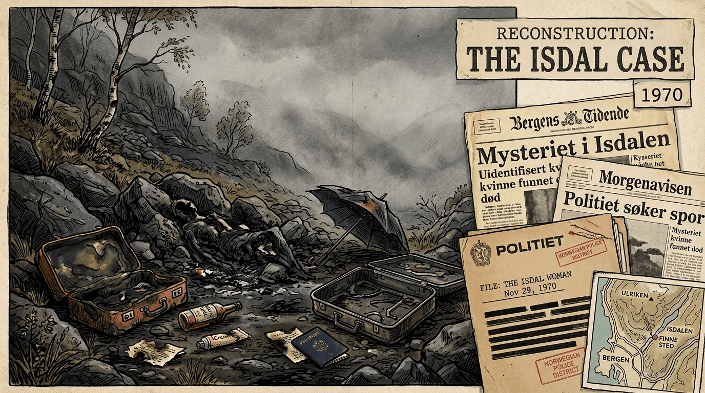 The Isdal Woman: Norway's Greatest Unsolved Mystery 1 Editorial illustration of the Isdal Woman case: misty valley near Bergen with suitcases, passport and police file