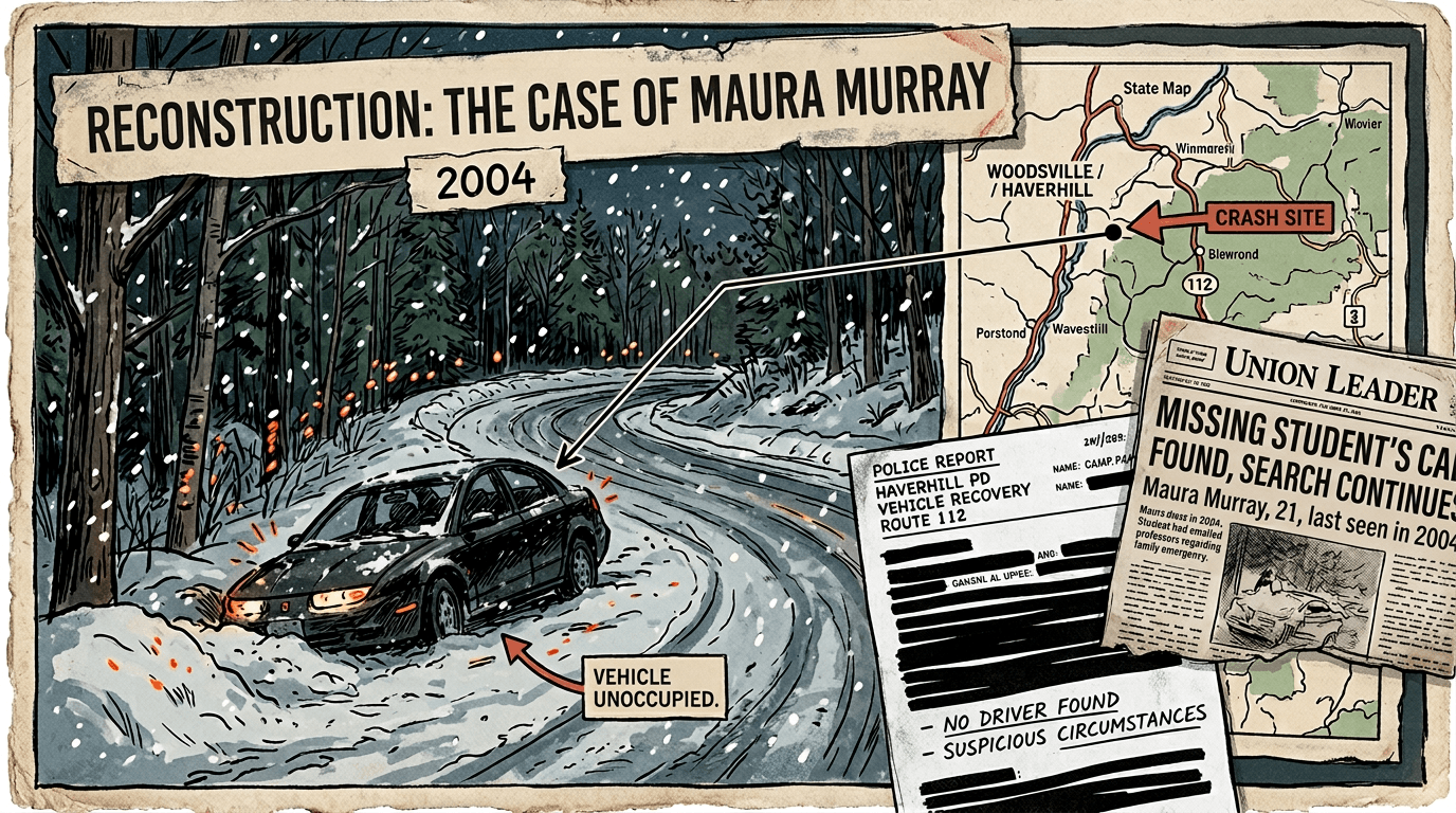 What Happened to Maura Murray? The 2004 Disappearance Explained 1 Editorial illustration of the Maura Murray case: car in a snowbank on Route 112 in New Hampshire, winter 2004