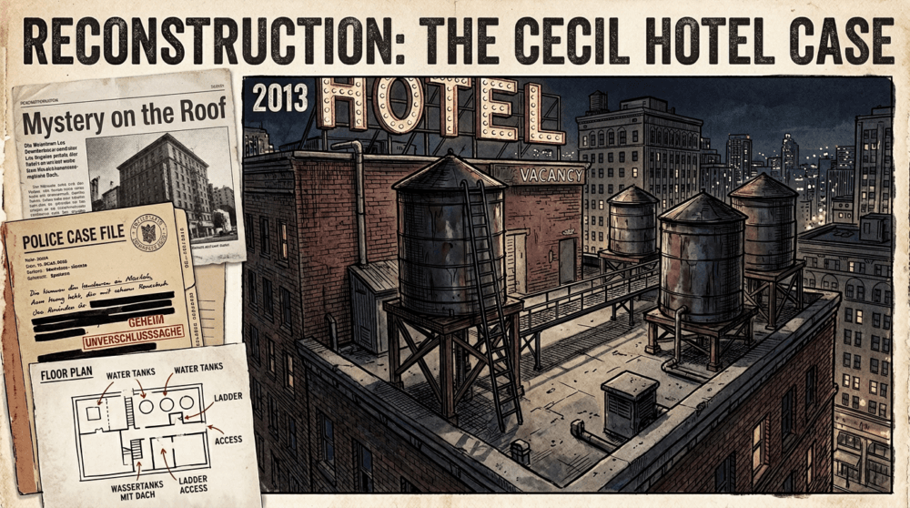 Editorial illustration of the Elisa Lam case: rooftop water tanks at the Cecil Hotel in Los Angeles