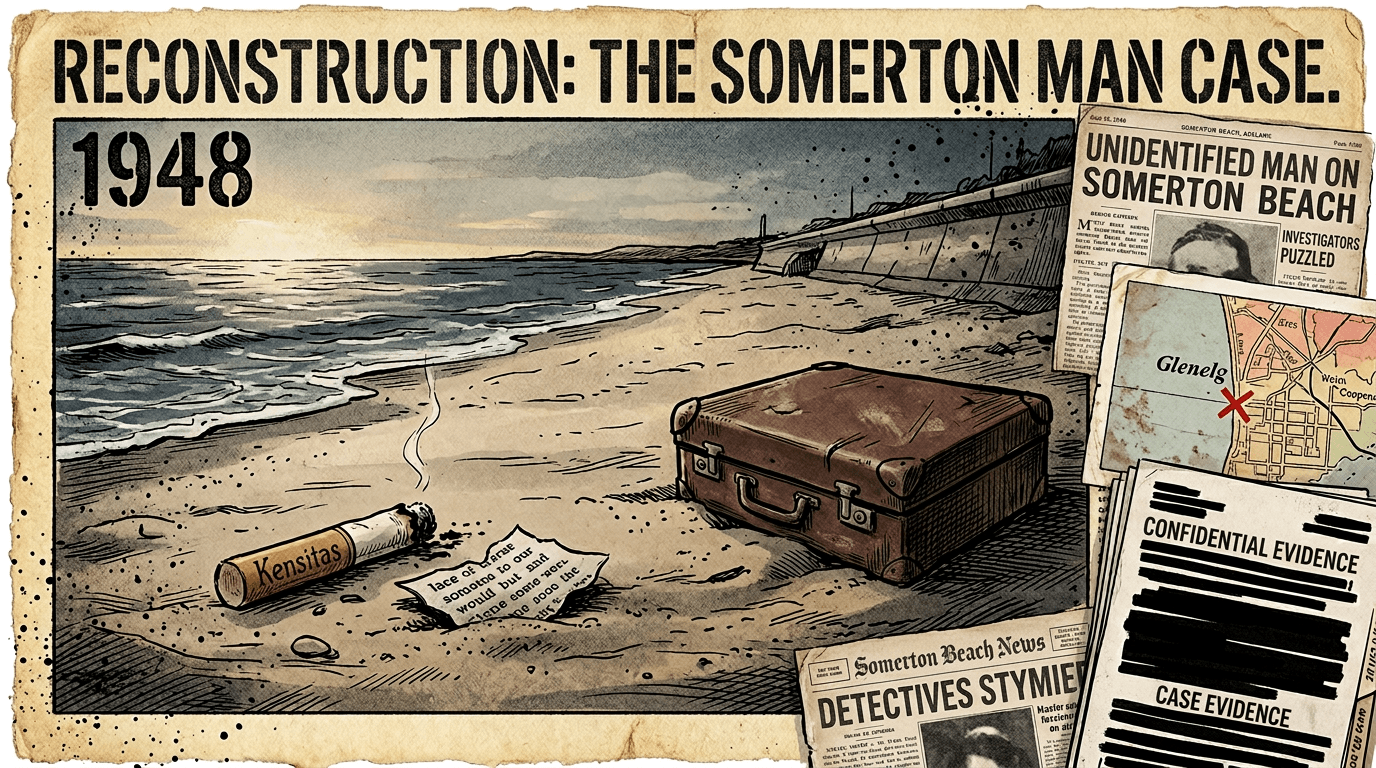 Editorial illustration of the Somerton Man case: Somerton Park beach, Adelaide, 1948, with suitcase and torn note