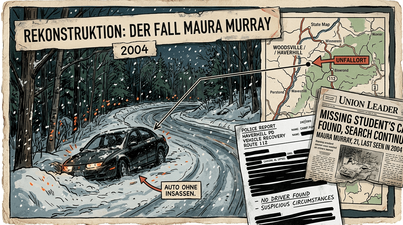 Maura Murray: Spurlos verschwunden nach einem Unfall in New Hampshire 1 Editorial-Illustration zum Fall Maura Murray: verschneite Kurve an der Route 112 in New Hampshire im Winter 2004