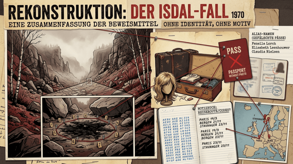 Editorial-Illustration zum Fall der Isdal-Frau: nebliges Felstal bei Bergen mit Koffern, Perücke und verschlüsseltem Notizbuch