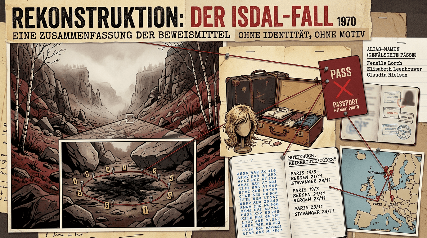 Editorial-Illustration zum Fall der Isdal-Frau: nebliges Felstal bei Bergen mit Koffern, Perücke und verschlüsseltem Notizbuch