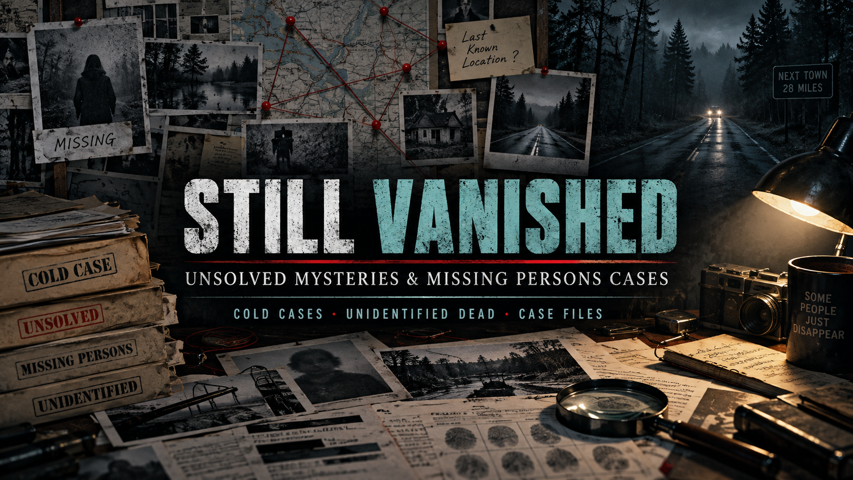 True crime encyclopedia about unsolved disappearances, missing persons, cold cases and unidentified dead, shown as a dark investigative case-file collage