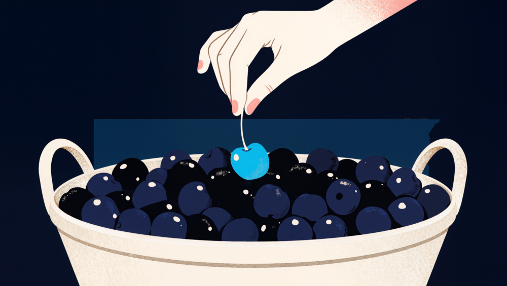 Illustration: Eine Hand pflückt eine einzelne leuchtend blaue Kirsche aus einem Korb dunkler Kirschen, Sinnbild für Cherry Picking.