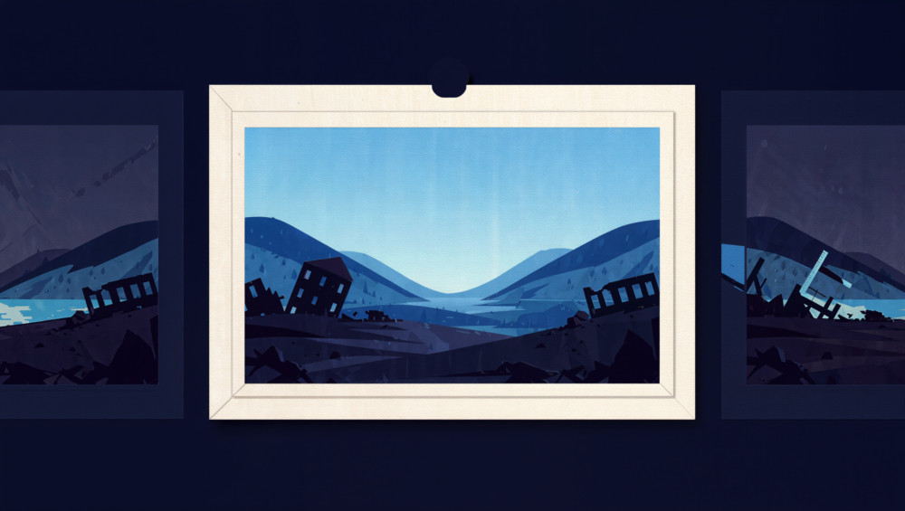 Illustration: Ein Bilderrahmen zeigt ein ruhiges blaues Tal, während dieselbe Landschaft außerhalb des Rahmens in Trümmern liegt, Sinnbild für Framing.