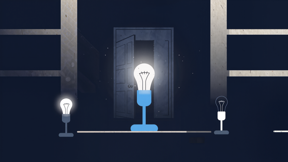 Illustration: Eine hell leuchtende Glühbirne zwischen schwächeren Birnen in einem dunklen Raum, Sinnbild für Gaslighting.