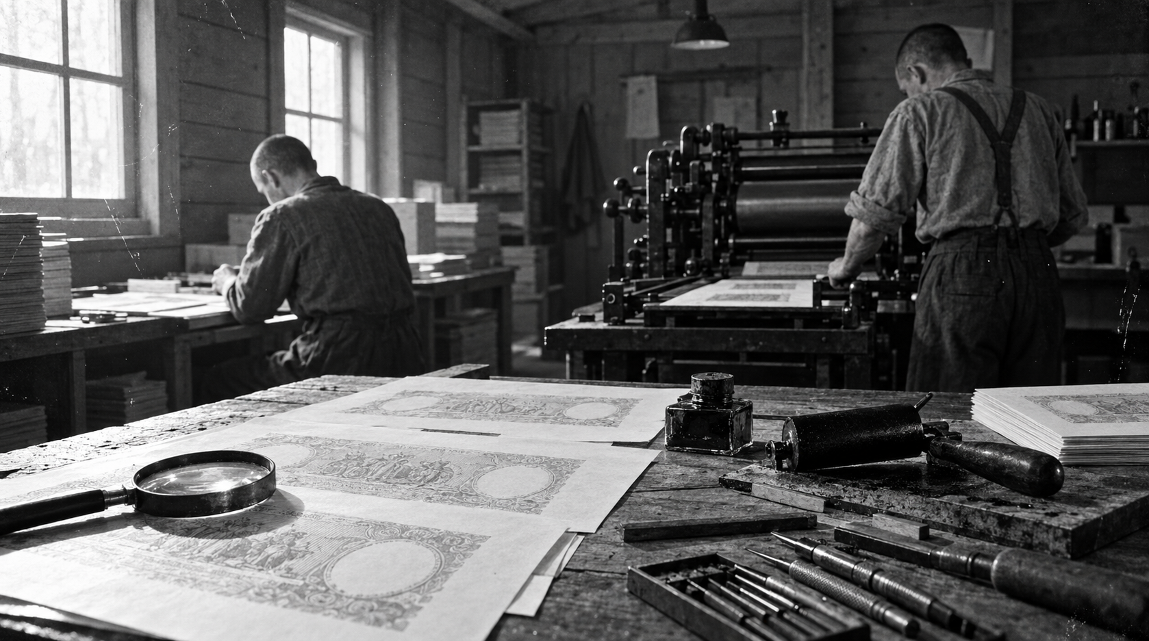 Illustrative reconstruction of Operation Bernhard: prisoners working in a printing workshop at Sachsenhausen concentration camp.